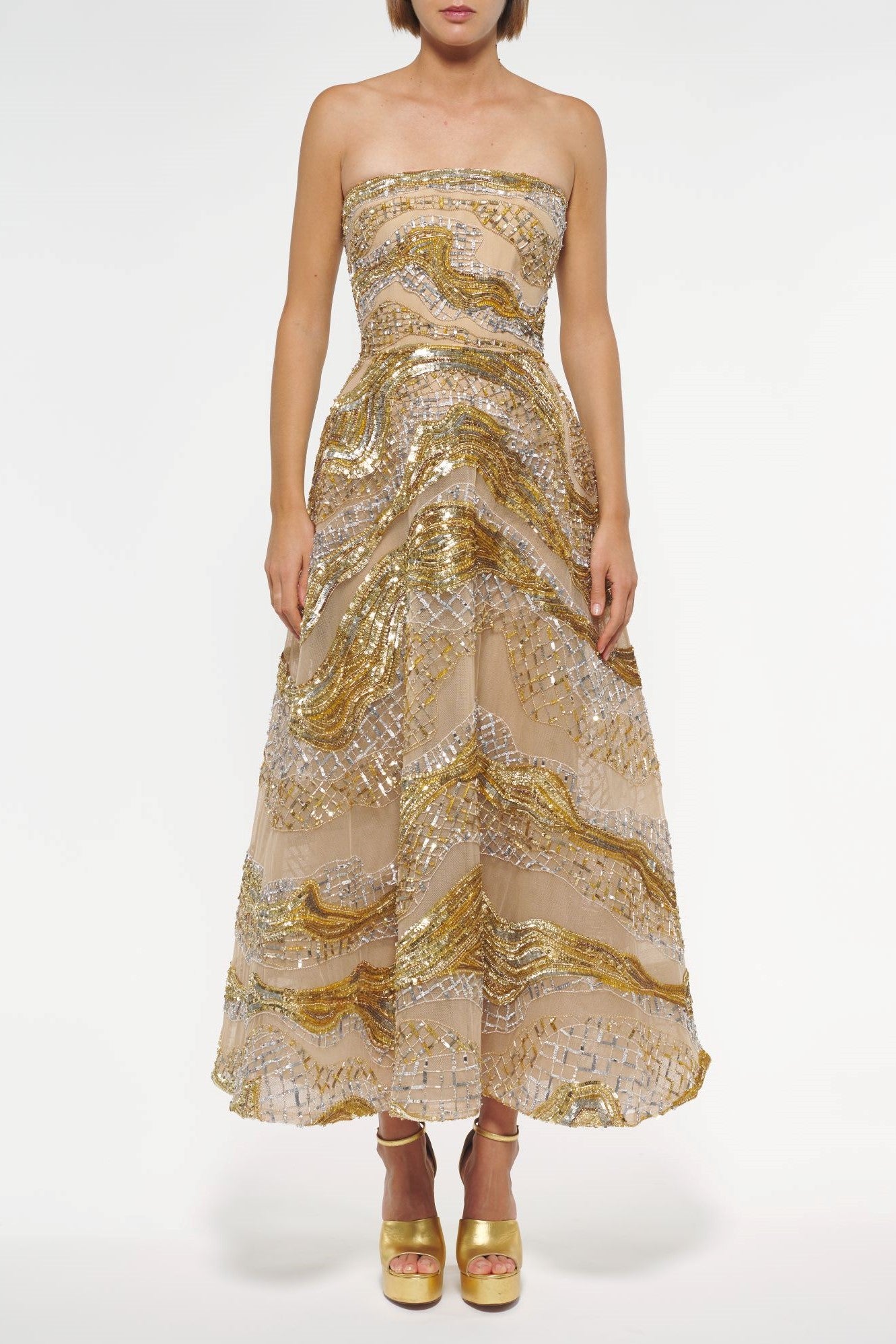 Bead Embroidered Strapless Midi Dress