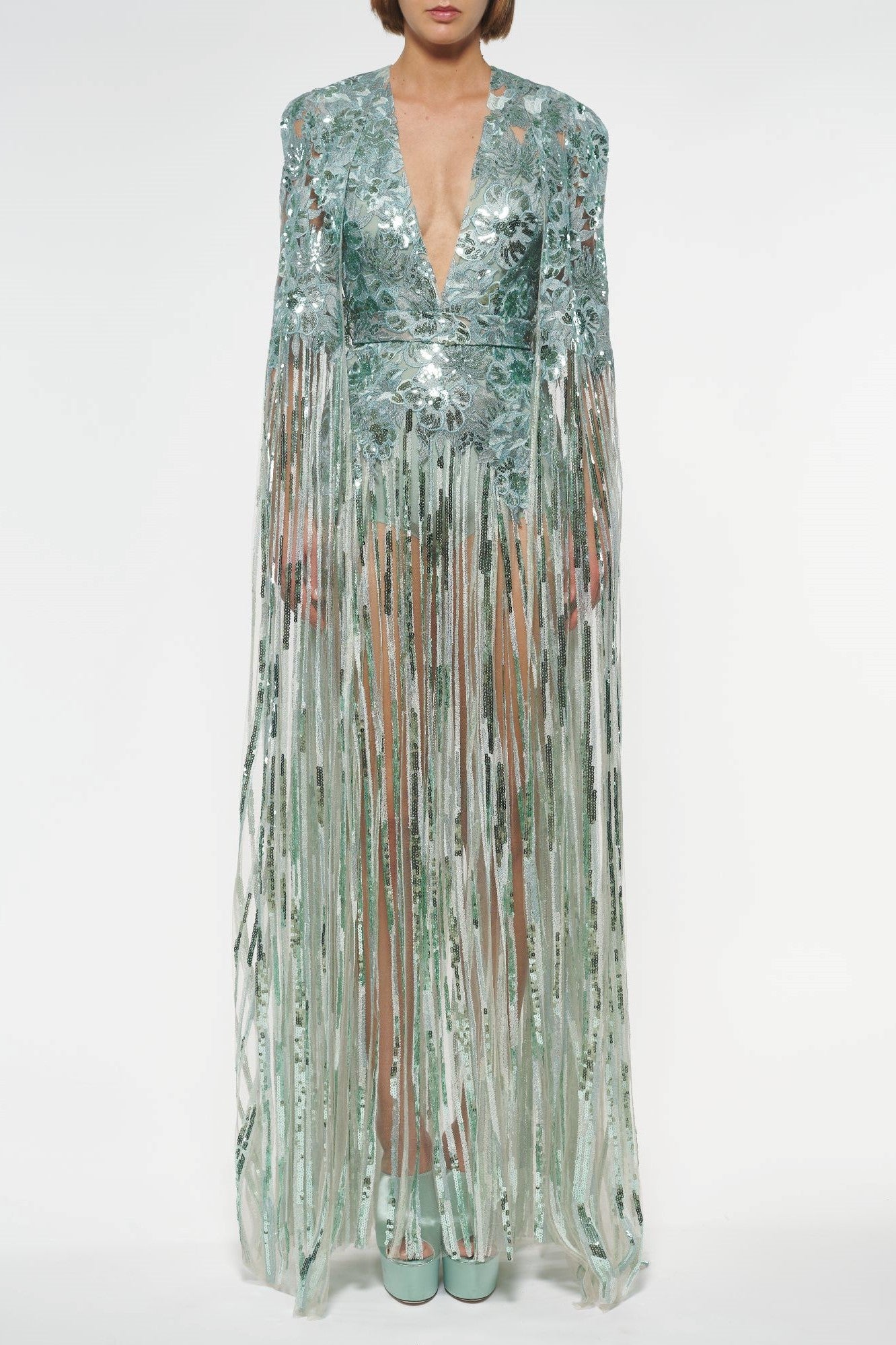 Tulle Embroidered Cape Sleeve Gown