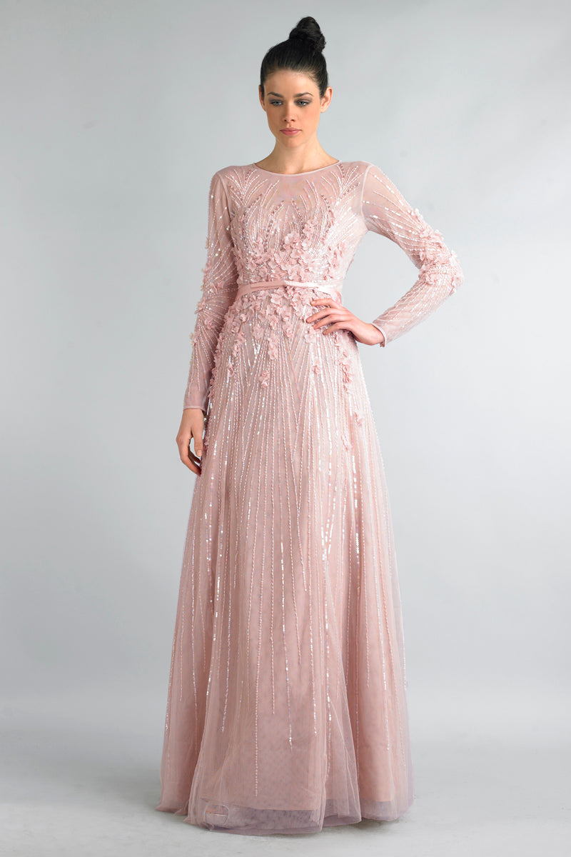 Long Sleeve Petal Applique Gown