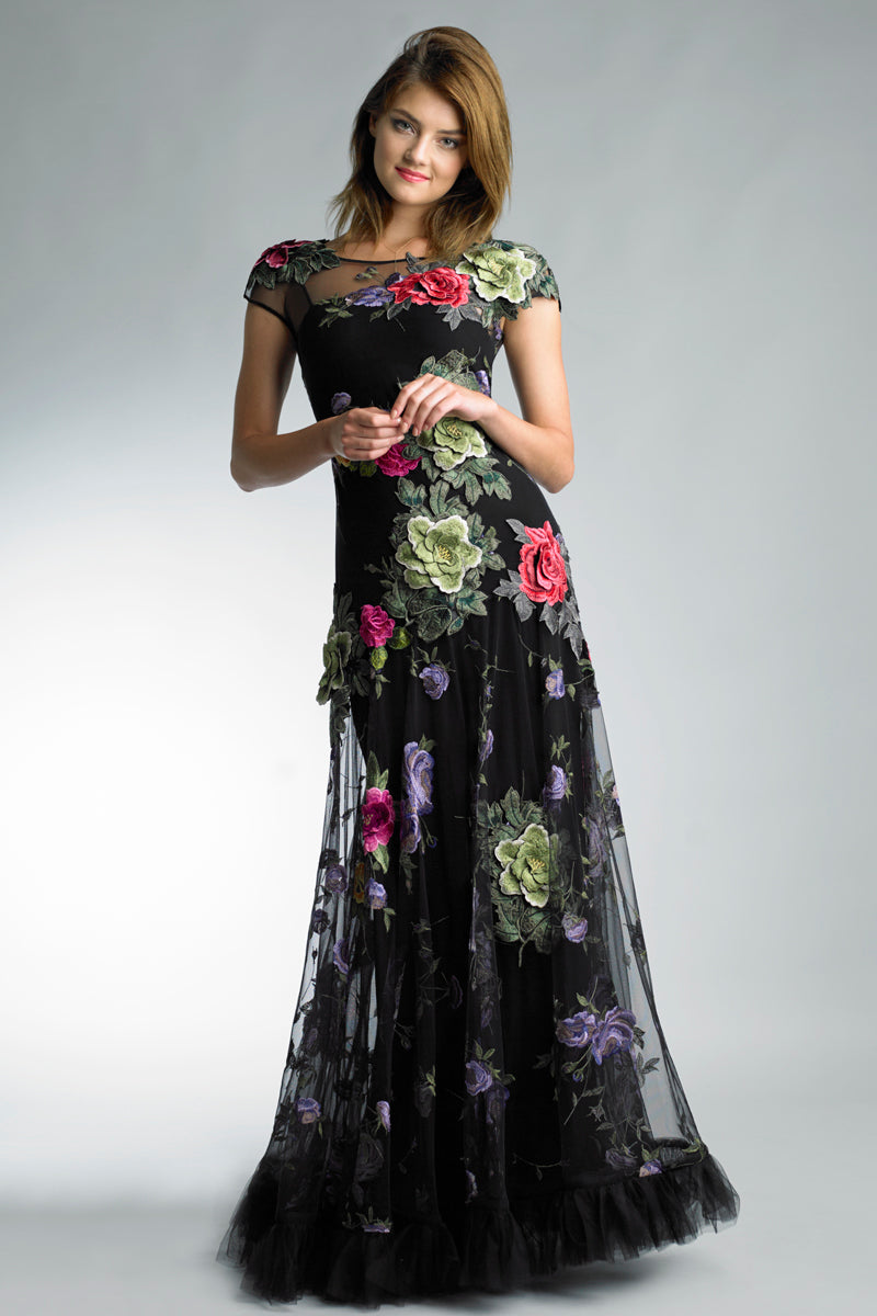 Sheer Applique Overlay Gown