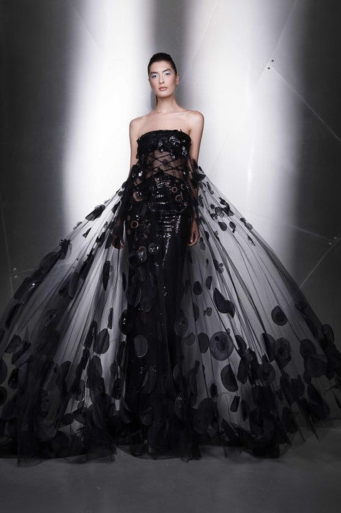 Strapless Sheer Dotted Gown