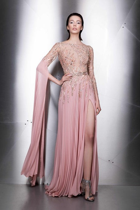 Draped Sleeve Embellished Slit Gown