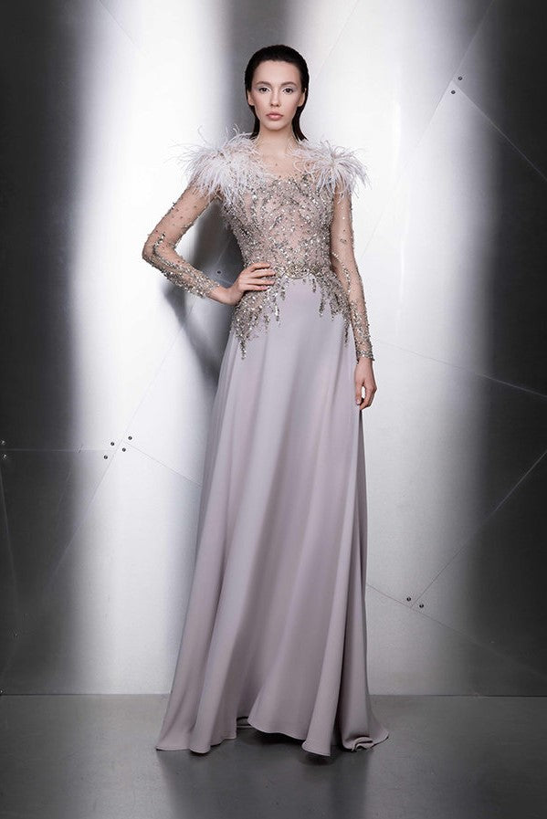Feather Embellished Long Sleeve Gown