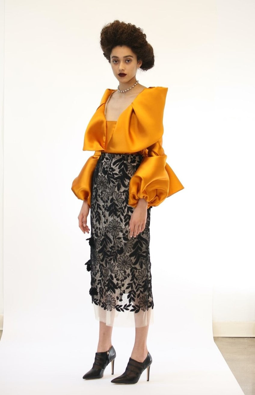 Silk Blouse and Lace Pencil Skirt