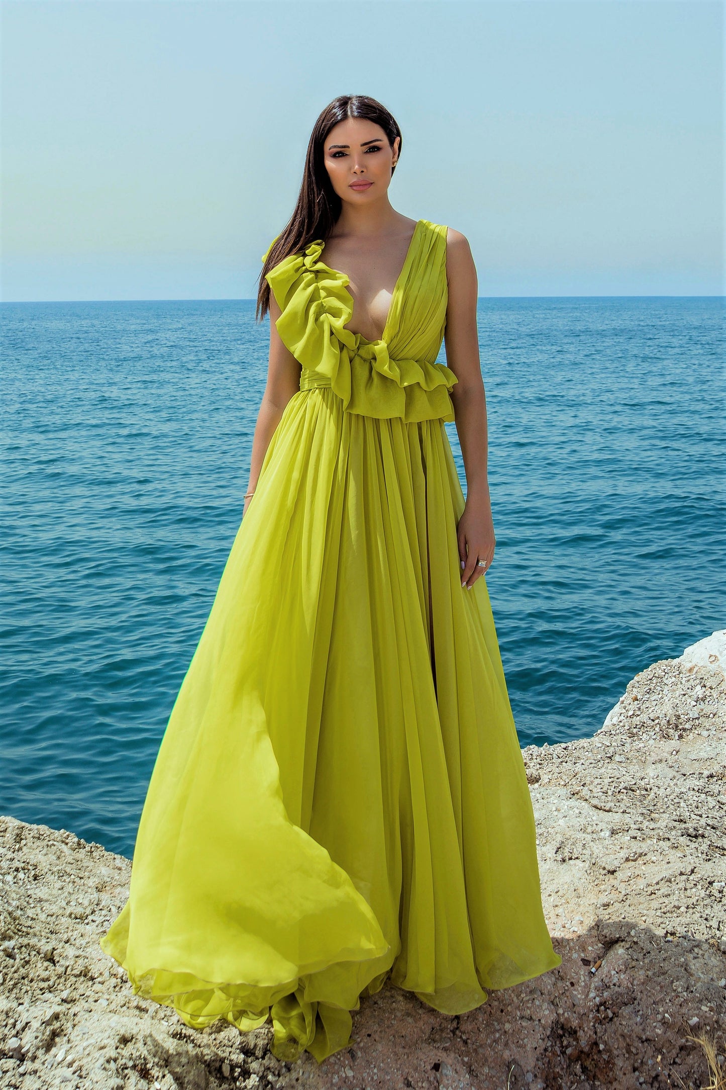 Ruffled Sleeveless Chiffon Gown