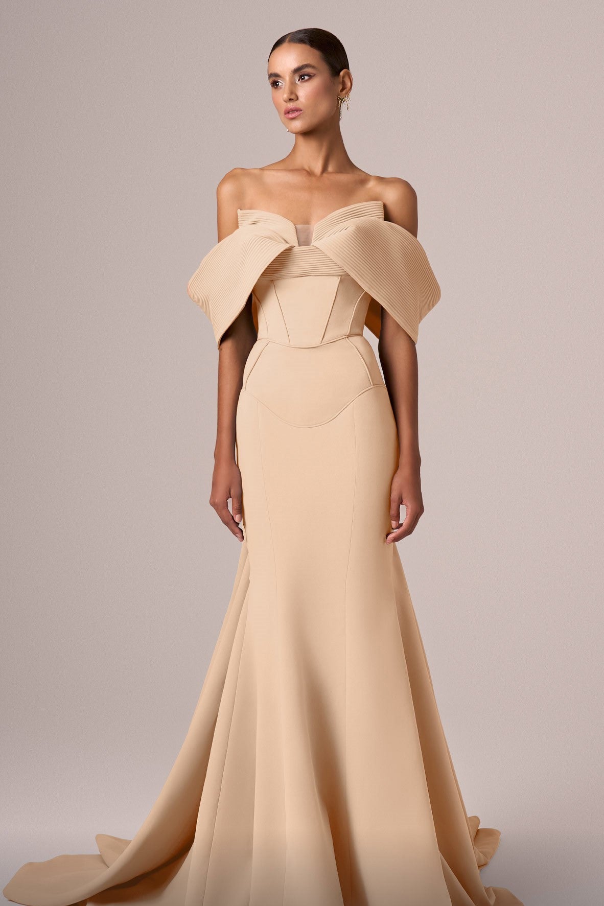 Draped Off-the-Shoulder Flared Gown