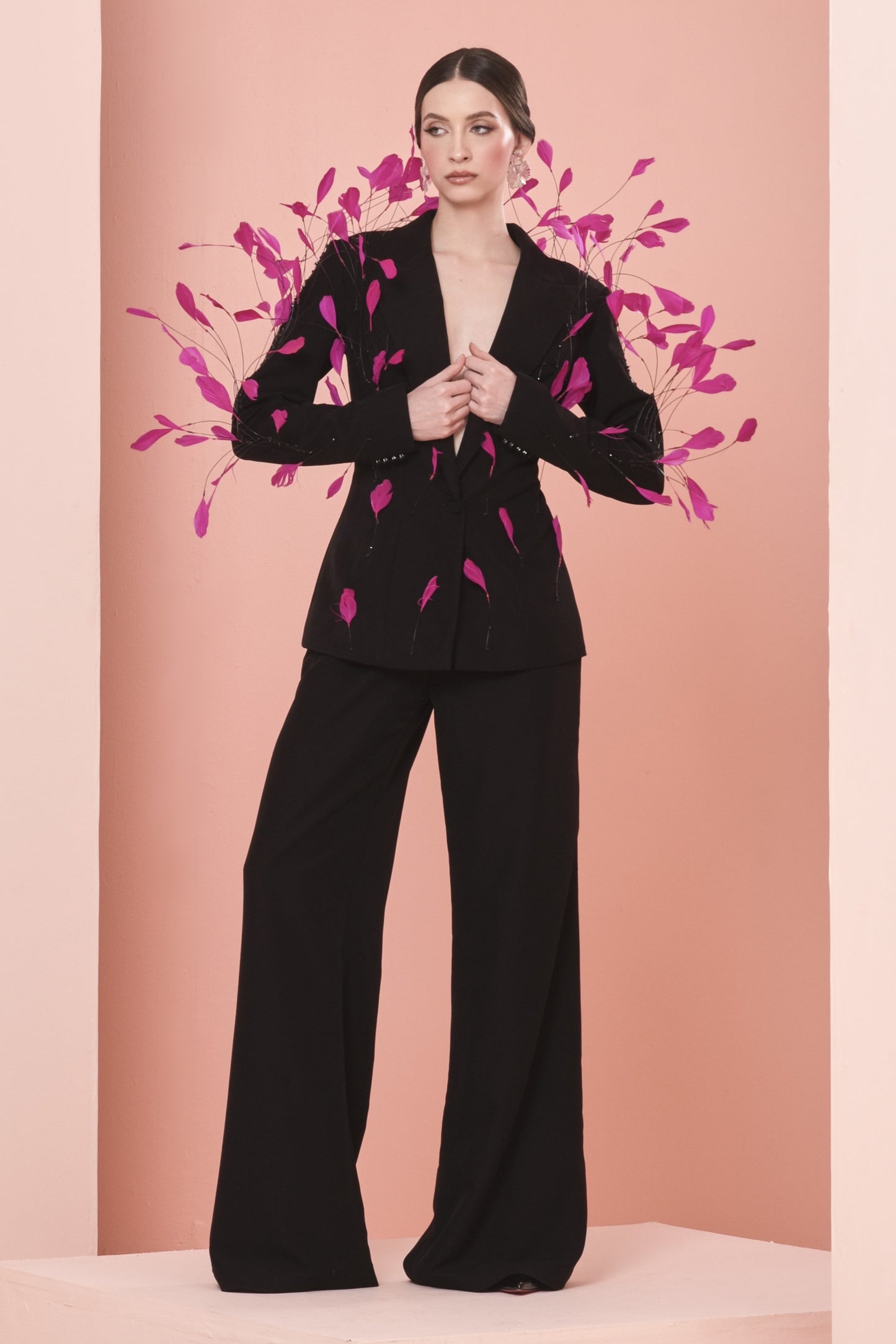 Feathered Crepe Blazer with Pants