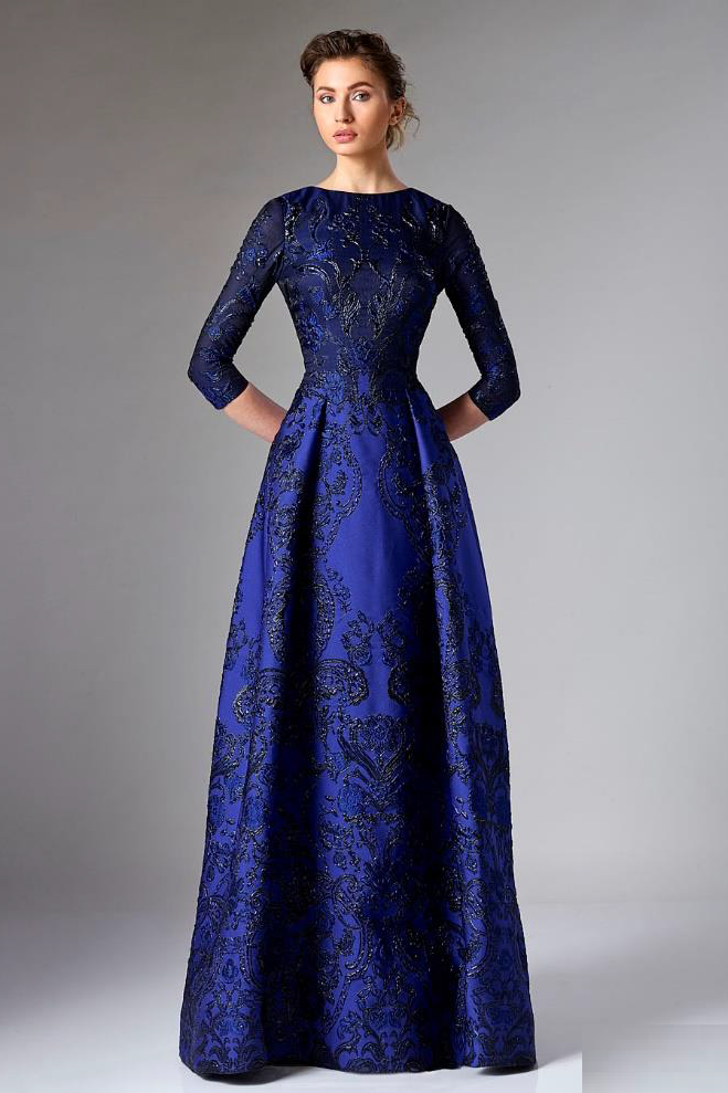 3/4 Sleeve Blue Jacquard Evening Gown