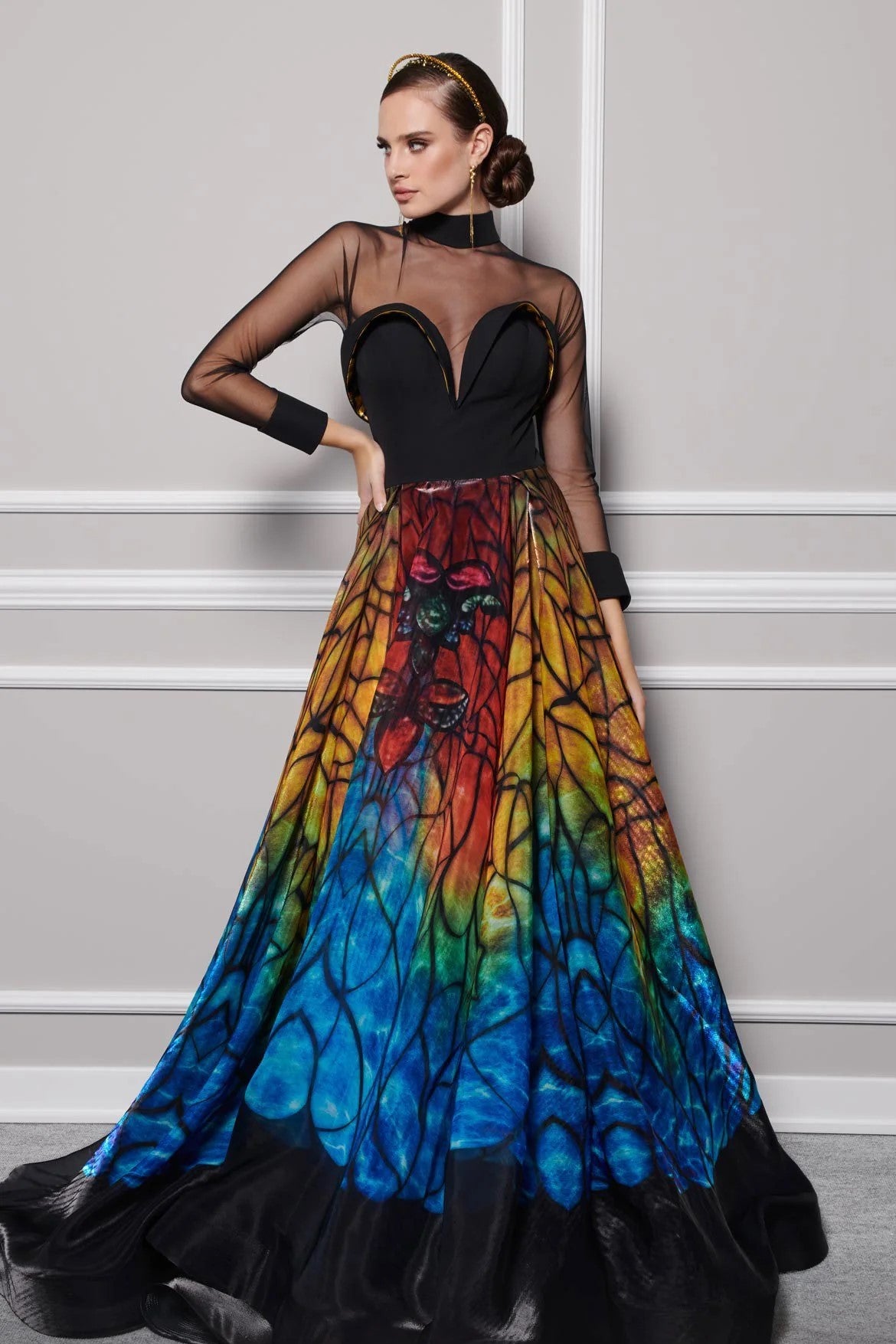 Semi-Sheer Long Sleeve A-Line Gown