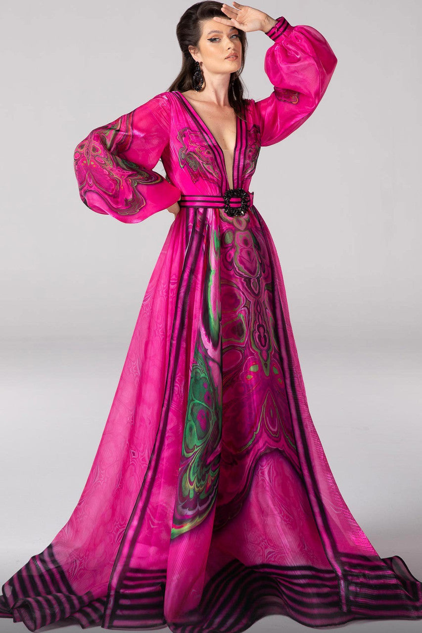 Long-Sleeve Print A-Line Gown