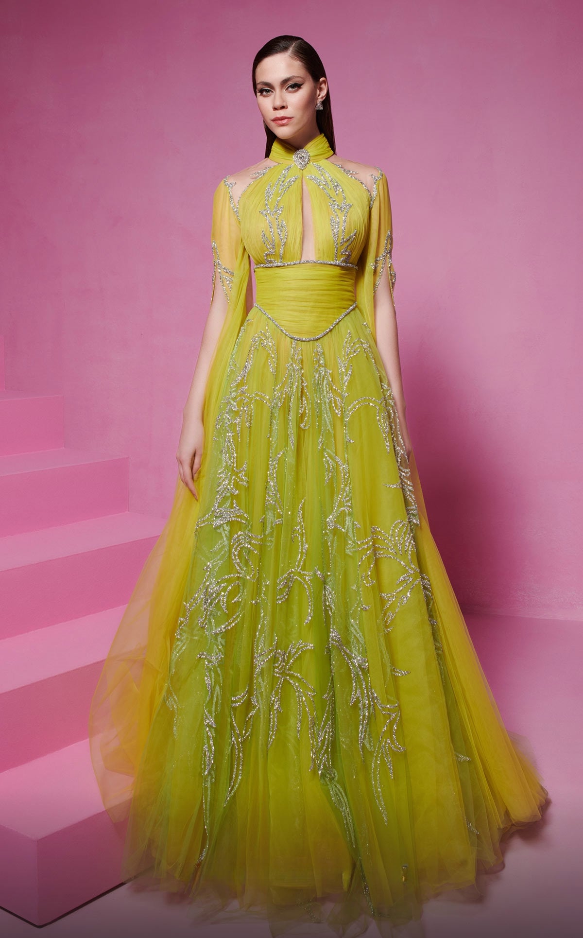 Embellished A-Line Gown with Slit Sleeves