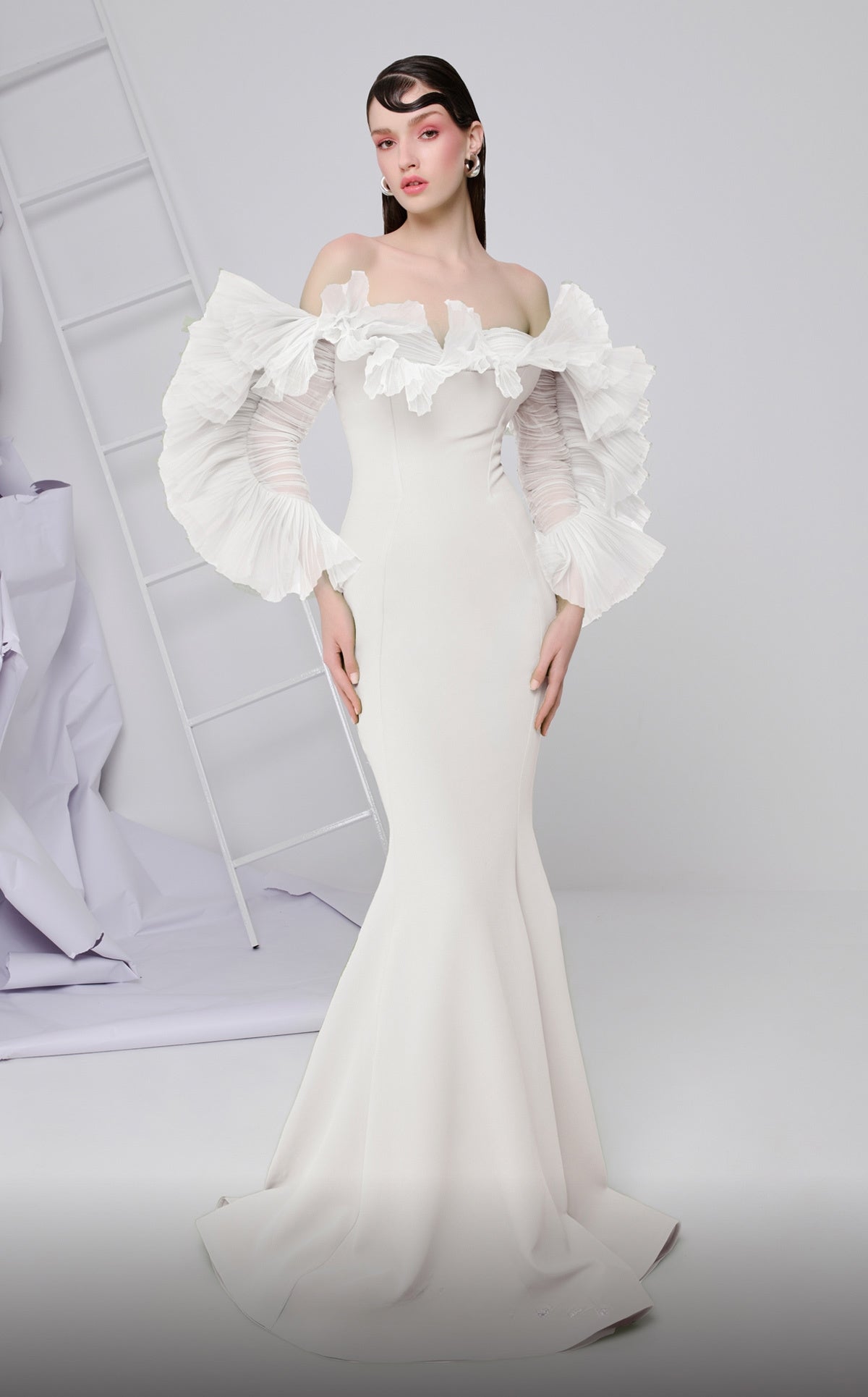 Ruffled Off Shoulder Long Sleeve Gown
