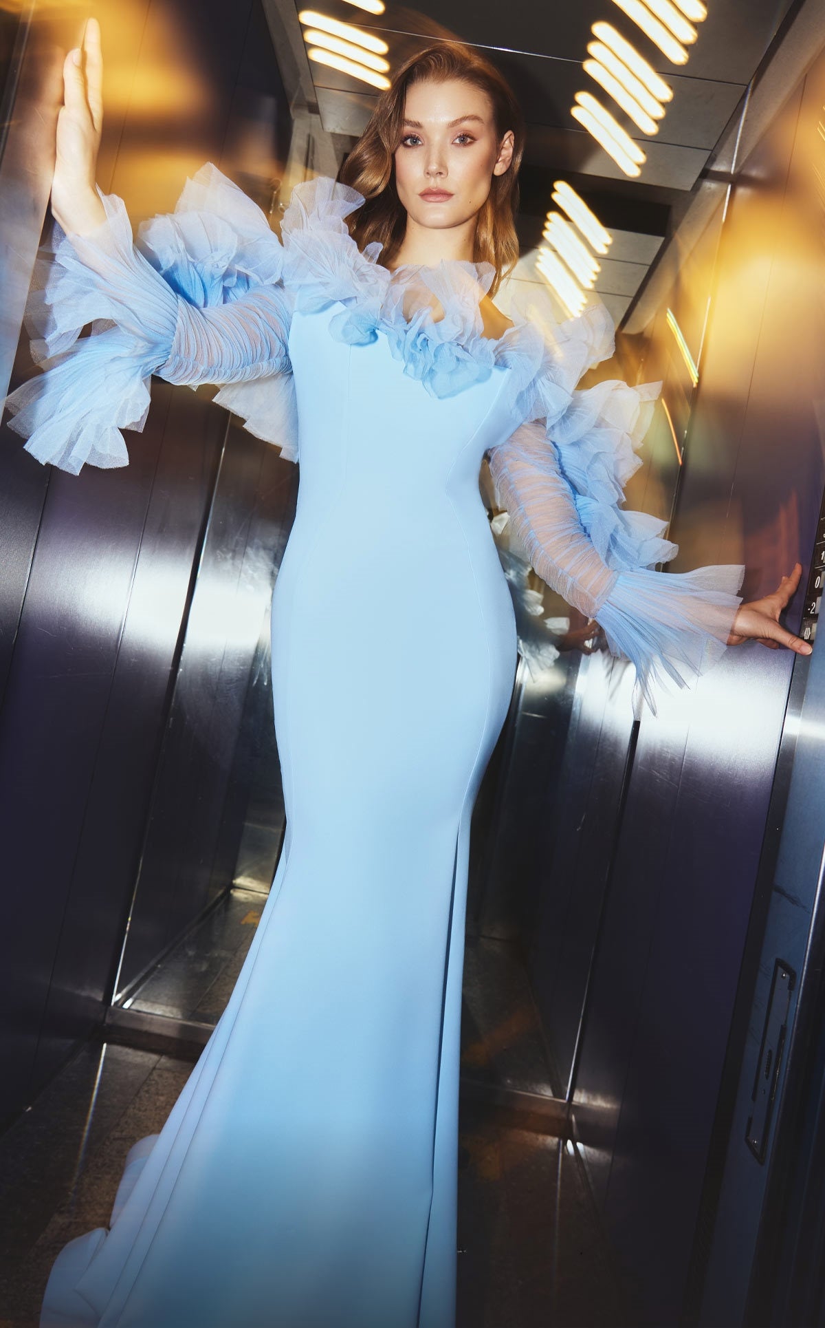 Ruffled Off-Shoulder Long Sleeve Gown