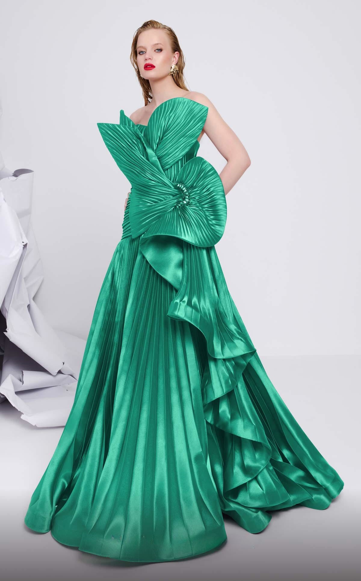 Sculpted Pleated Strapless Gown with Train