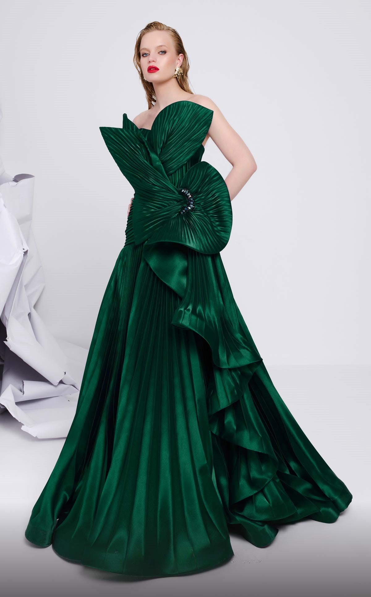 Sculpted Pleated Strapless A-Line Gown with Train