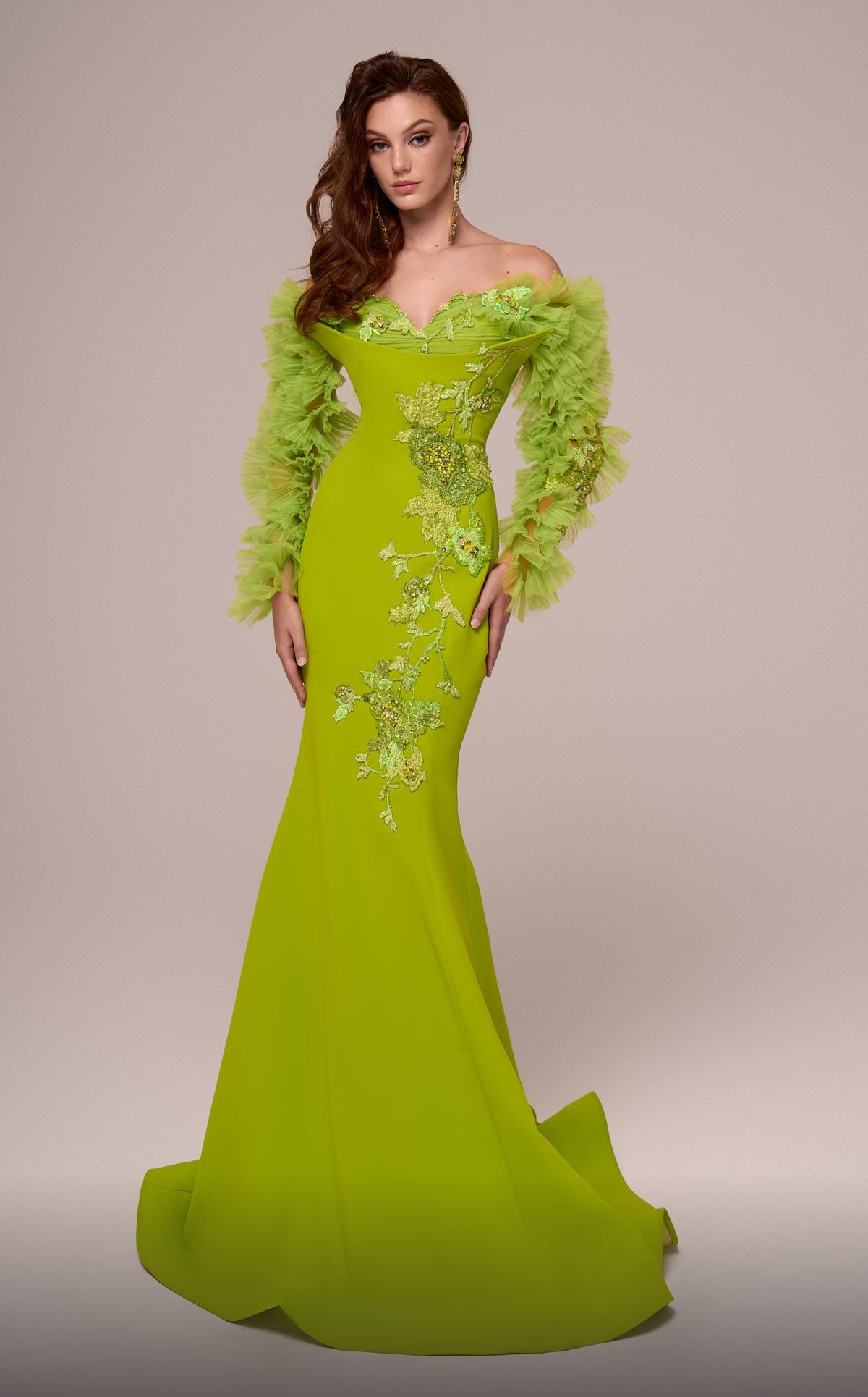 Ruffled Long Sleeve Off Shoulder Embellished Gown