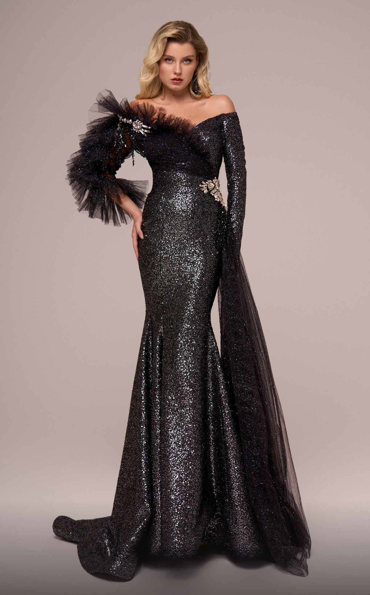 Ruffled Off Shoulder Long Sleeve Mermaid Gown