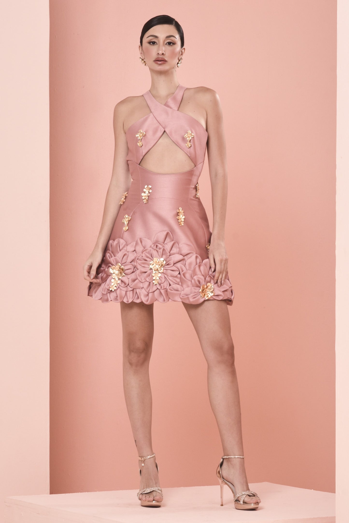 Silk Gazar Halter Neck Mini Dress