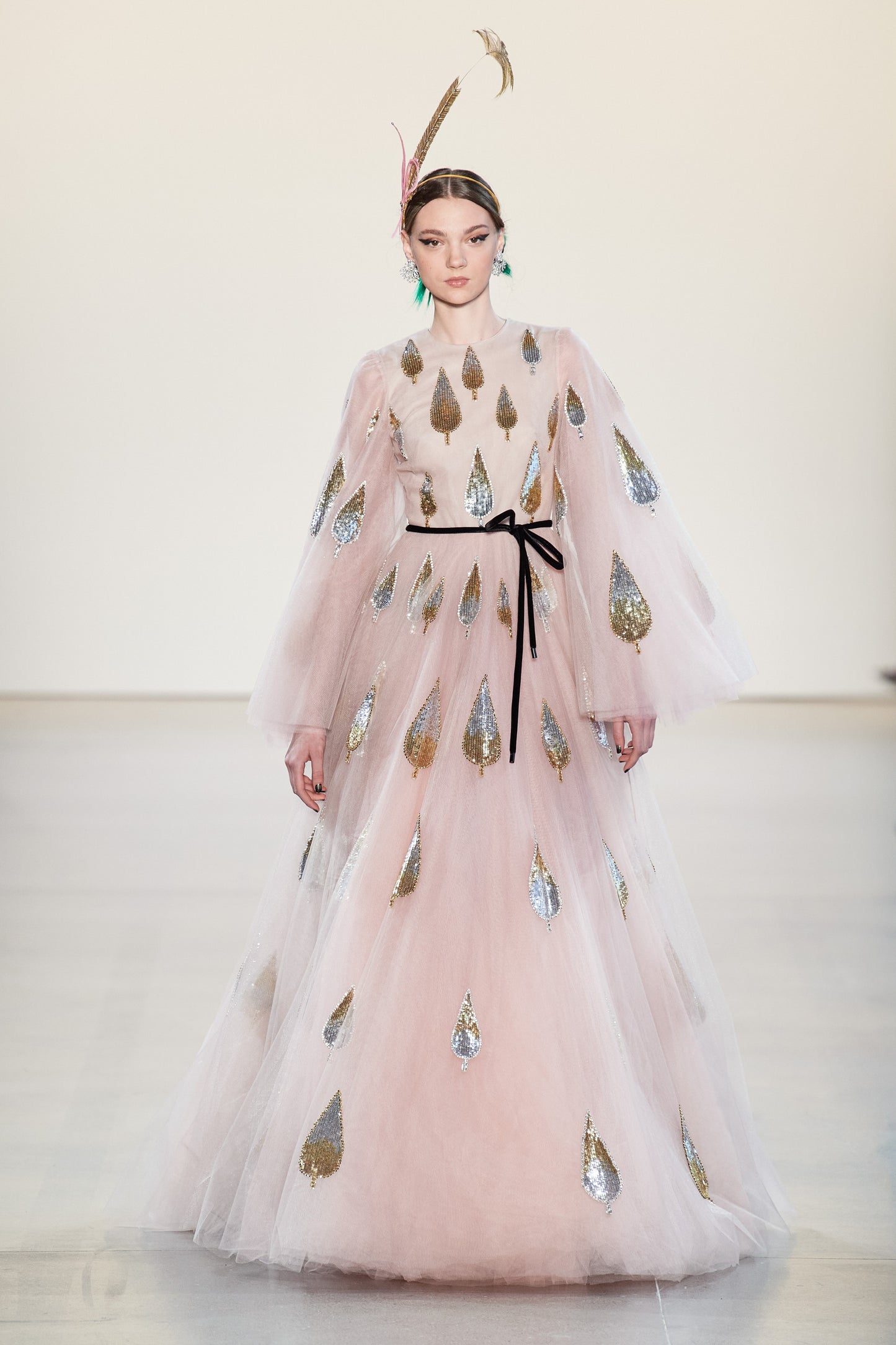 Long Sleeve Sequin Applique Gown