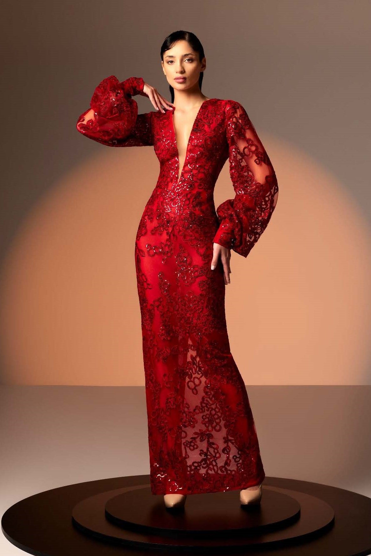 Long Sleeve Lace V-Neck Gown