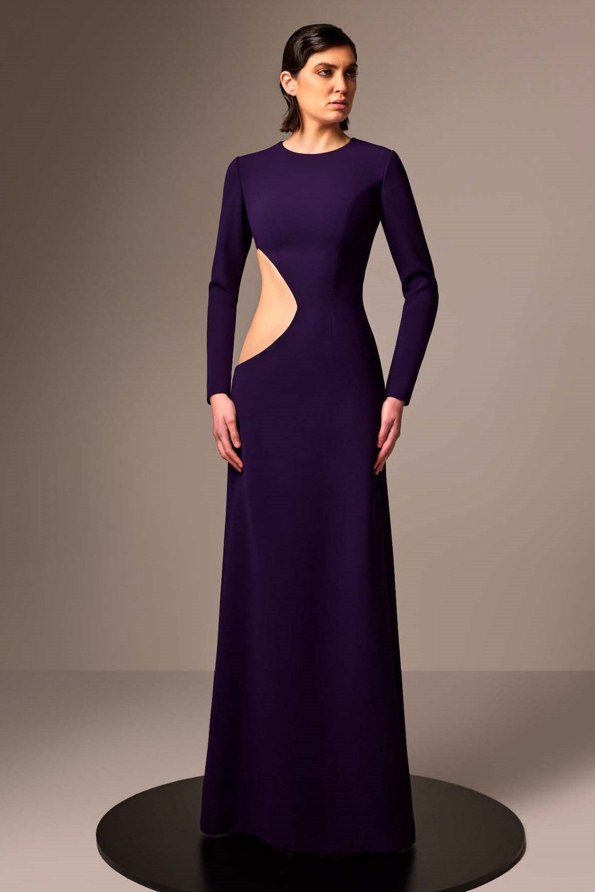 Long Sleeve Cutout Crepe Gown
