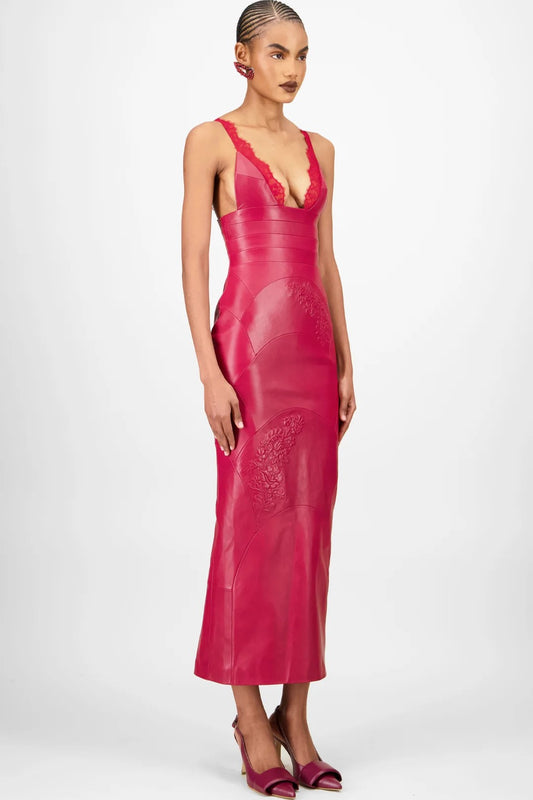 Lace-Trim Leather Midi Dress