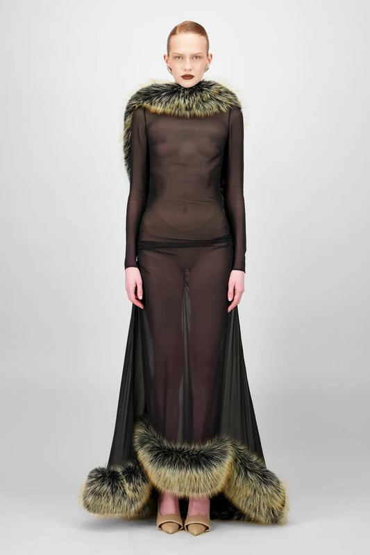 Long Sleeve Fur Midi Dress