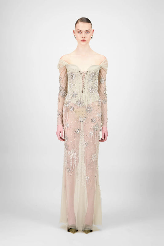 Off-Shoulder Beaded Long Dress