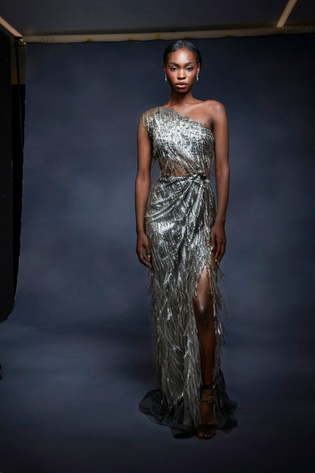 Beaded Ostrich Feathers Slit Gown