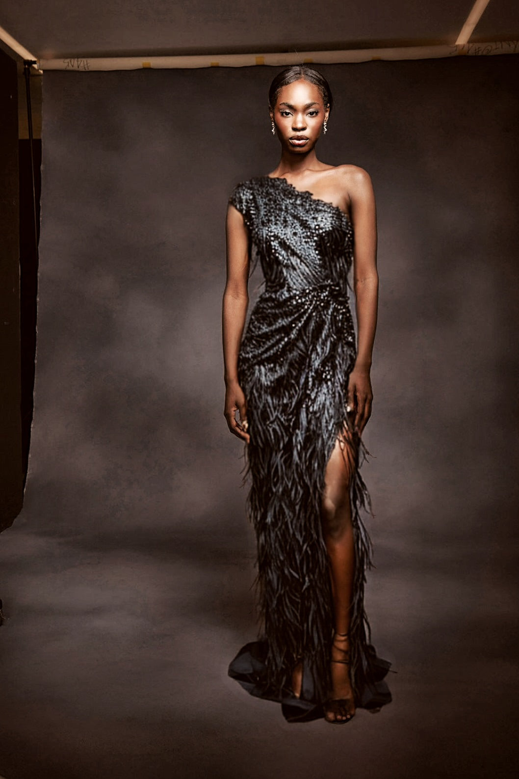 Beaded Ostrich Feather Slit Gown