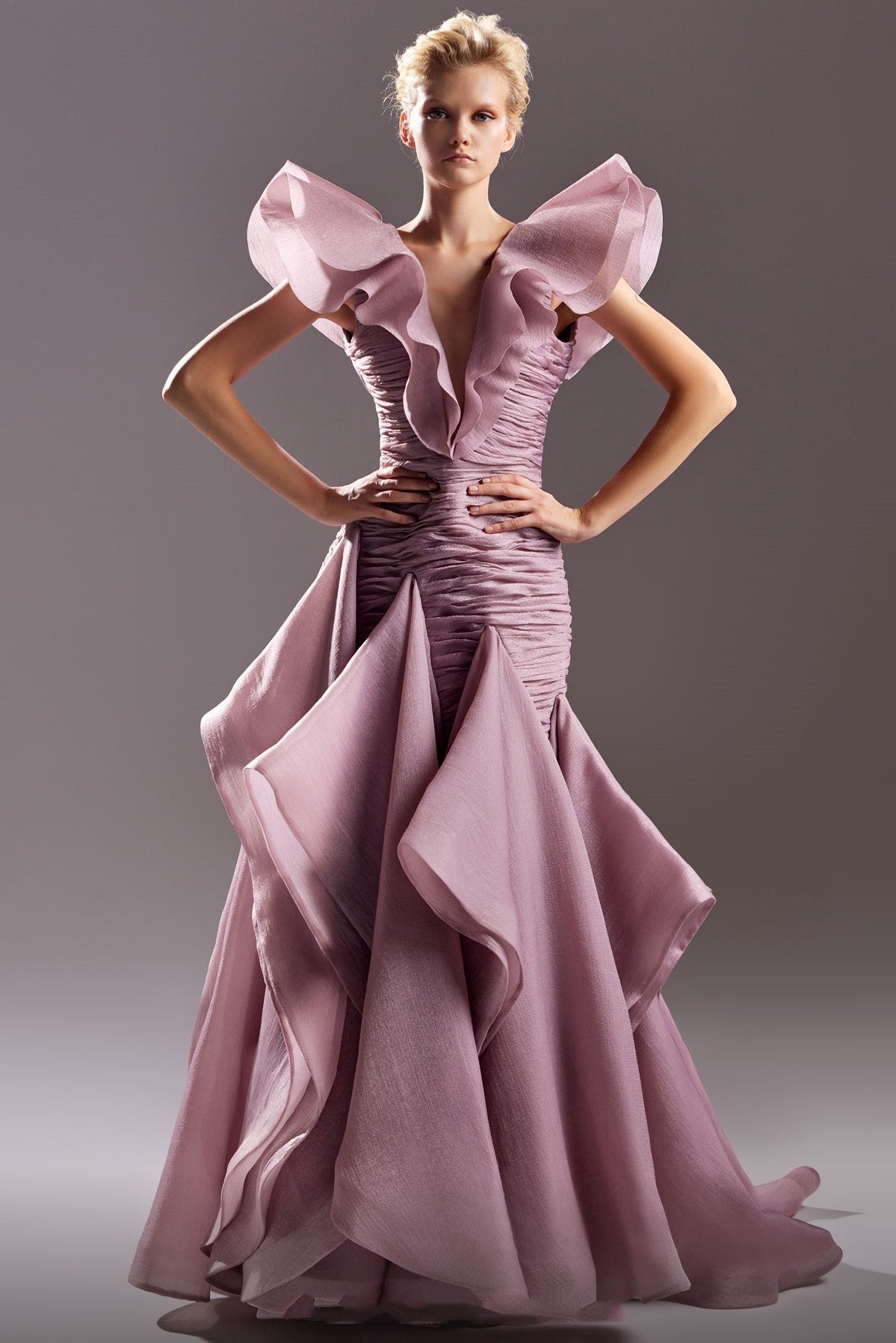 Rosewood Organza Gown with Ruffles