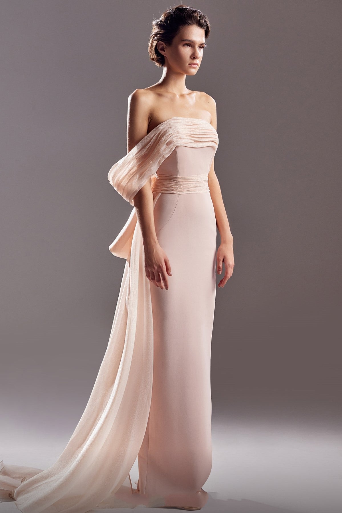 Shimmery Back Bow Tie Crepe Gown