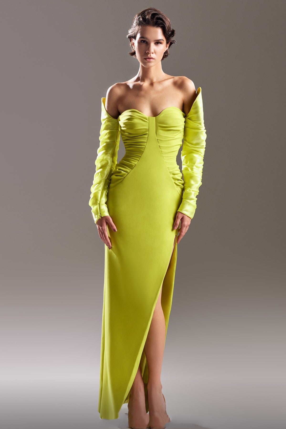 Draped Crepe Gown with Organdie Sleeves