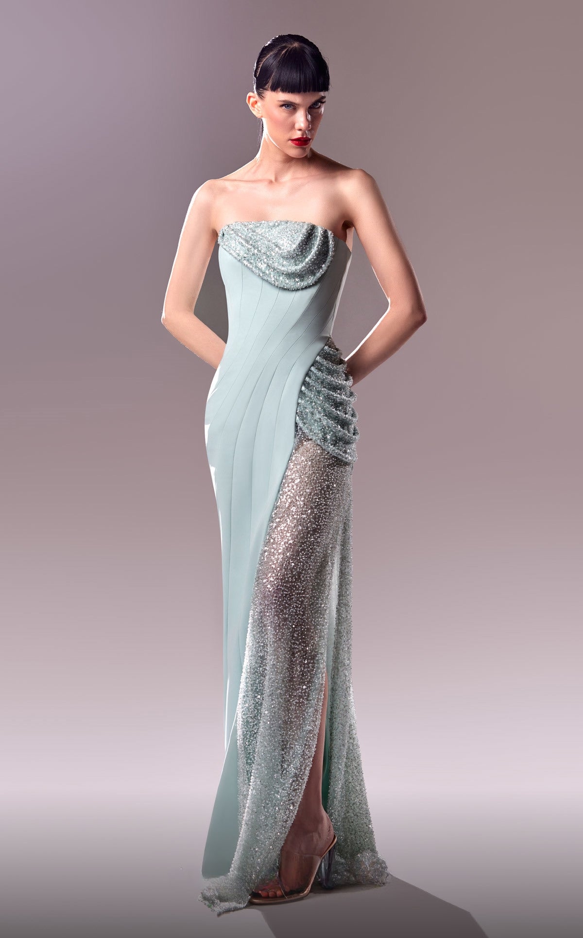 Strapless Sequin & Crepe Gown