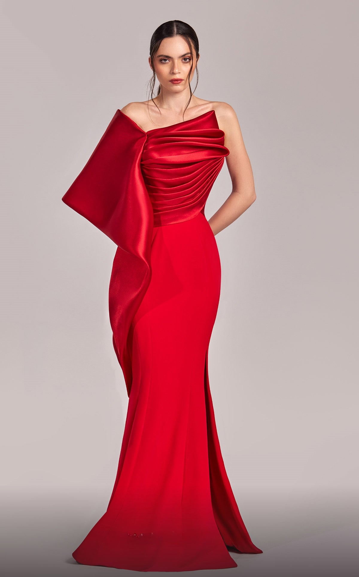 One Shoulder Flared Gown with Cascading Sleeve