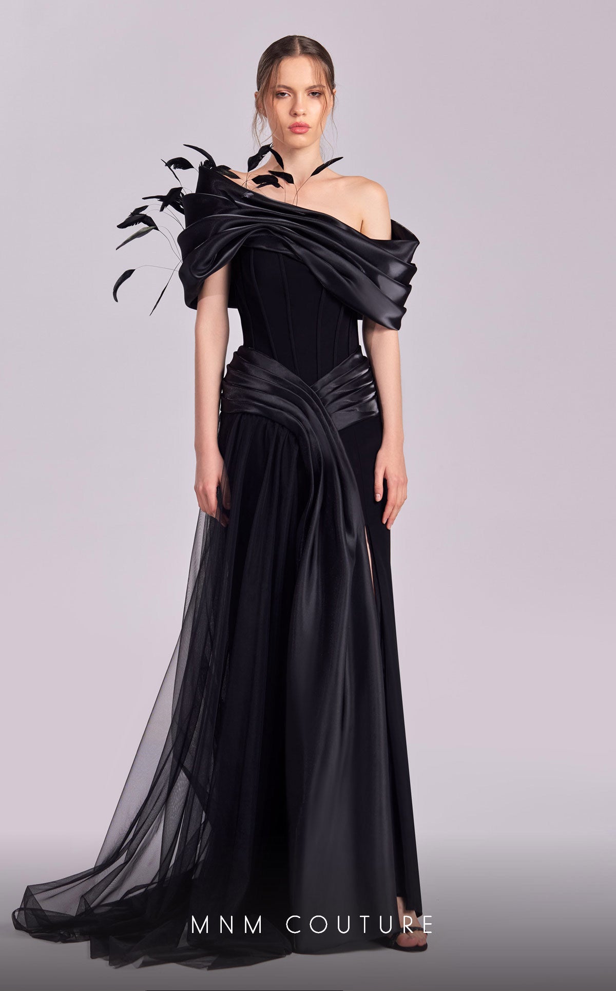 Off Shoulder Draped Gown with Feathers