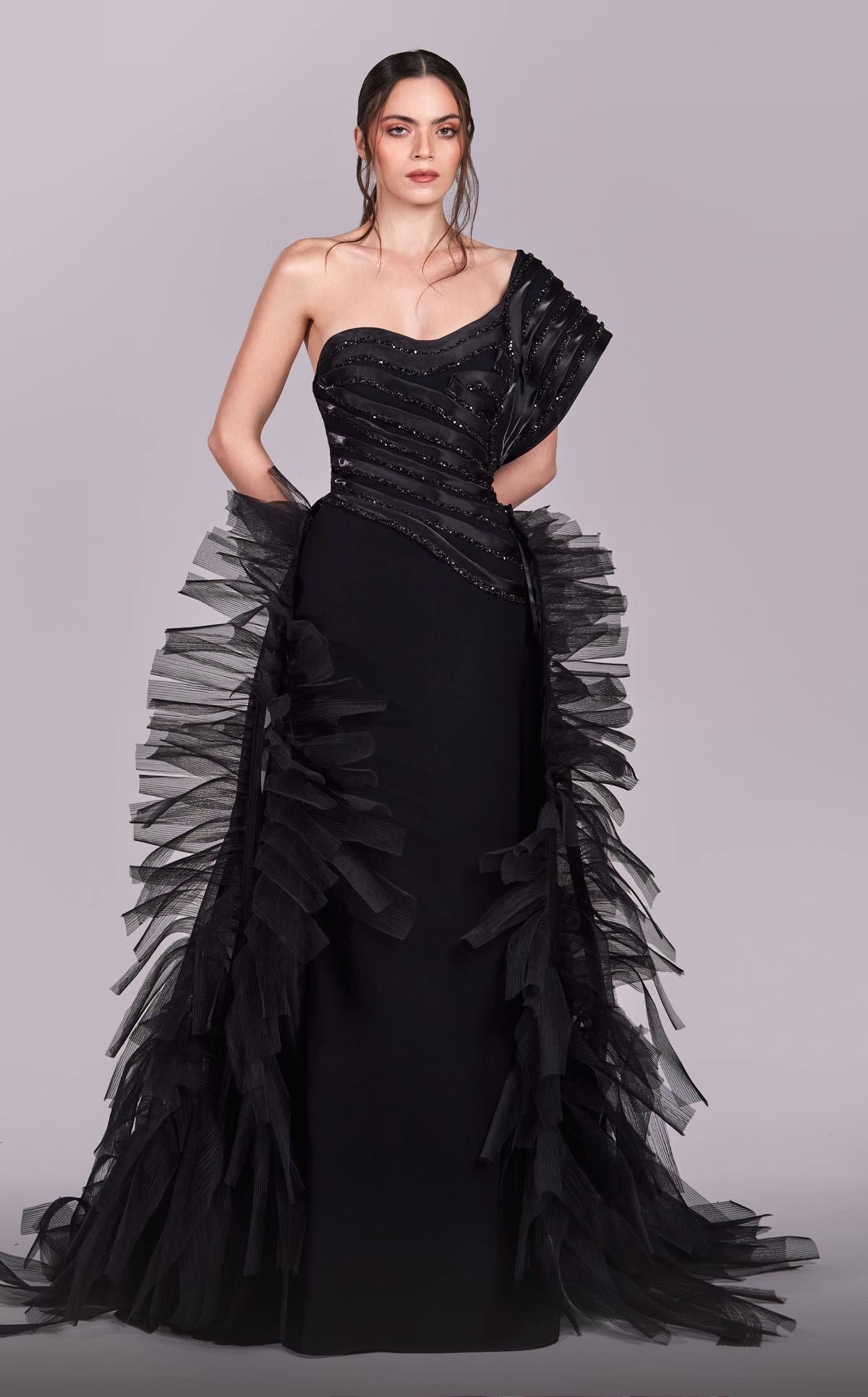 One Shoulder Gown with Removable Overskirt