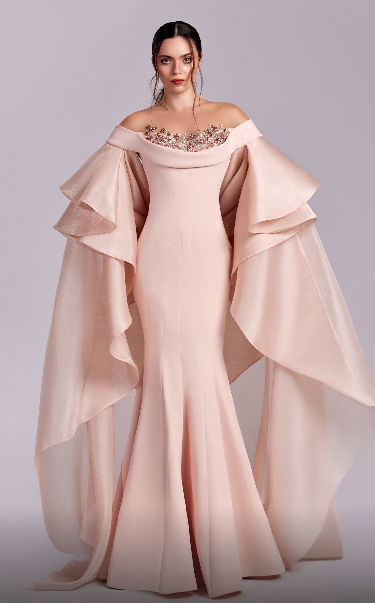 Ruffled Cape Sleeve Gown