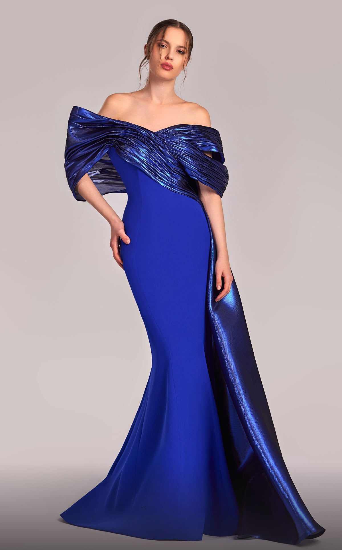 Draped Metallic Off Shoulder Gown