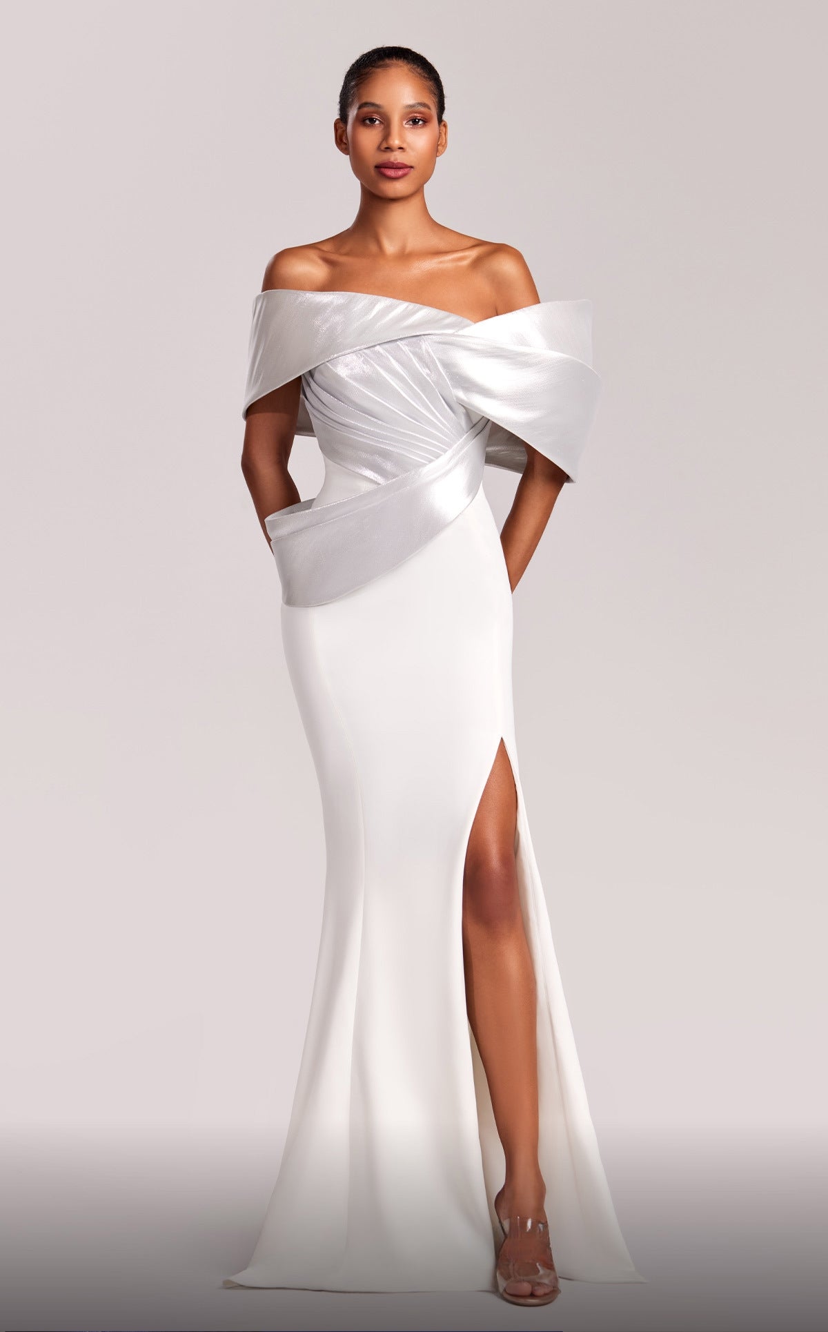 Off Shoulder Gown with Metallic Draping