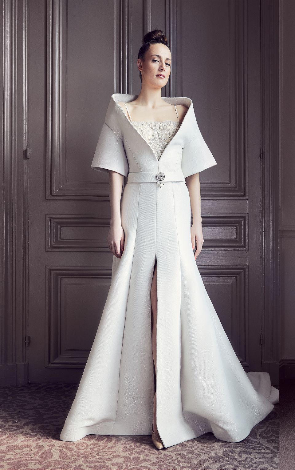 Short Sleeve A-Line Slit Gown