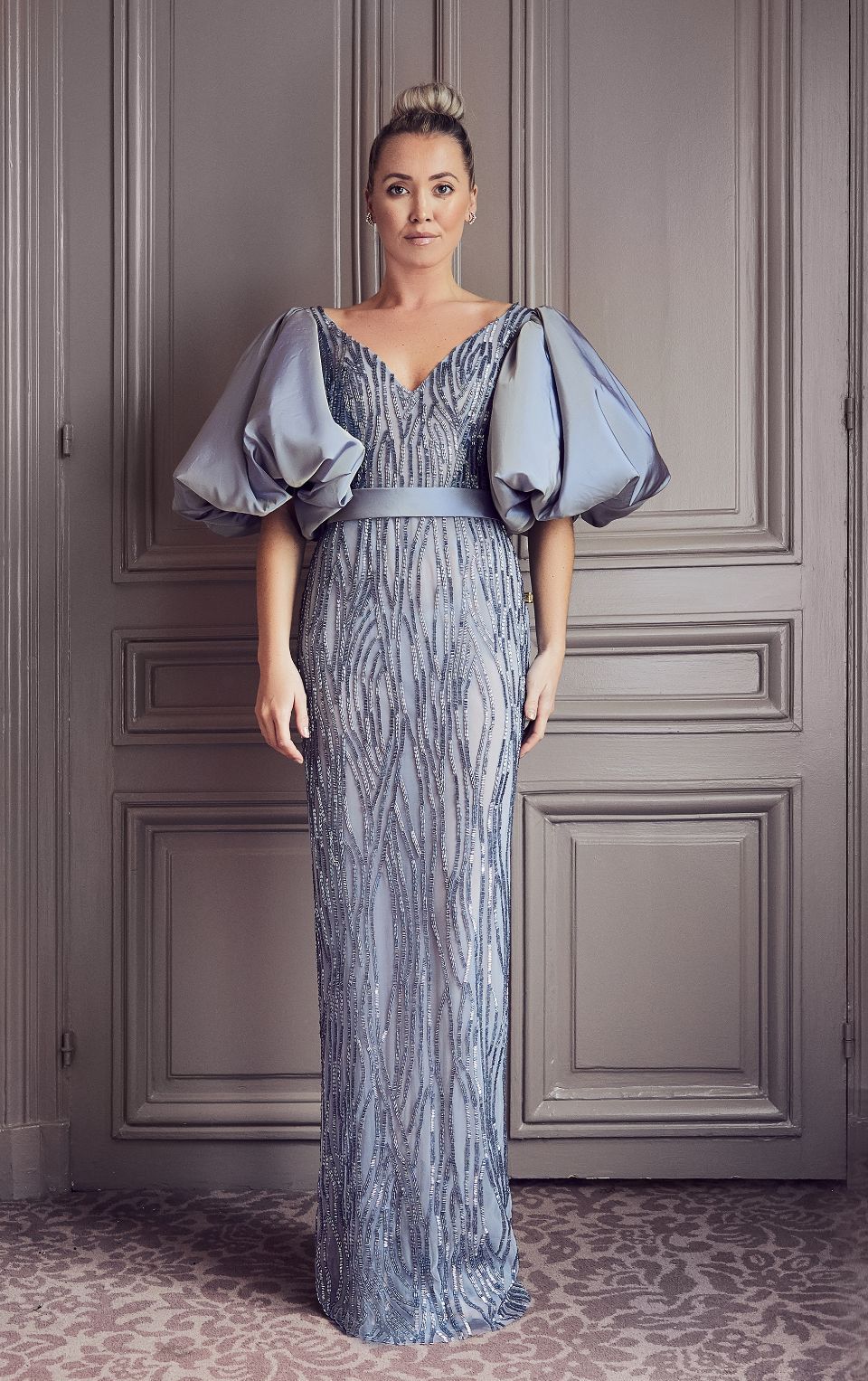 Puff Sleeve Column Gown