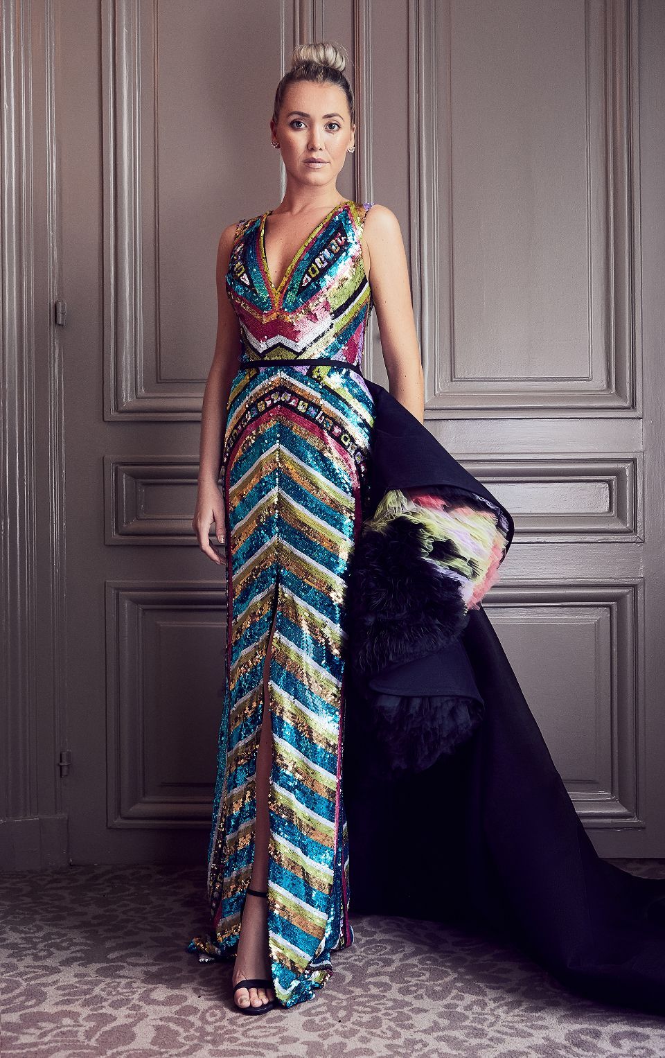 Sleeveless Sequin Column Slit Gown