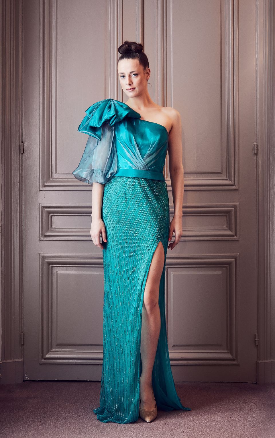 One Shoulder Belted Slit Gown