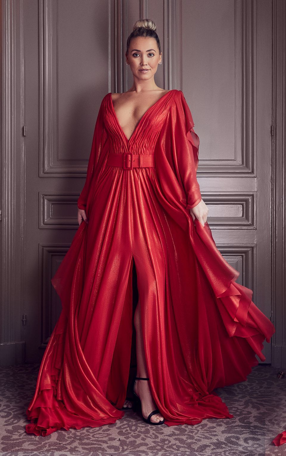 Plunging Neck Cape Sleeve Gown