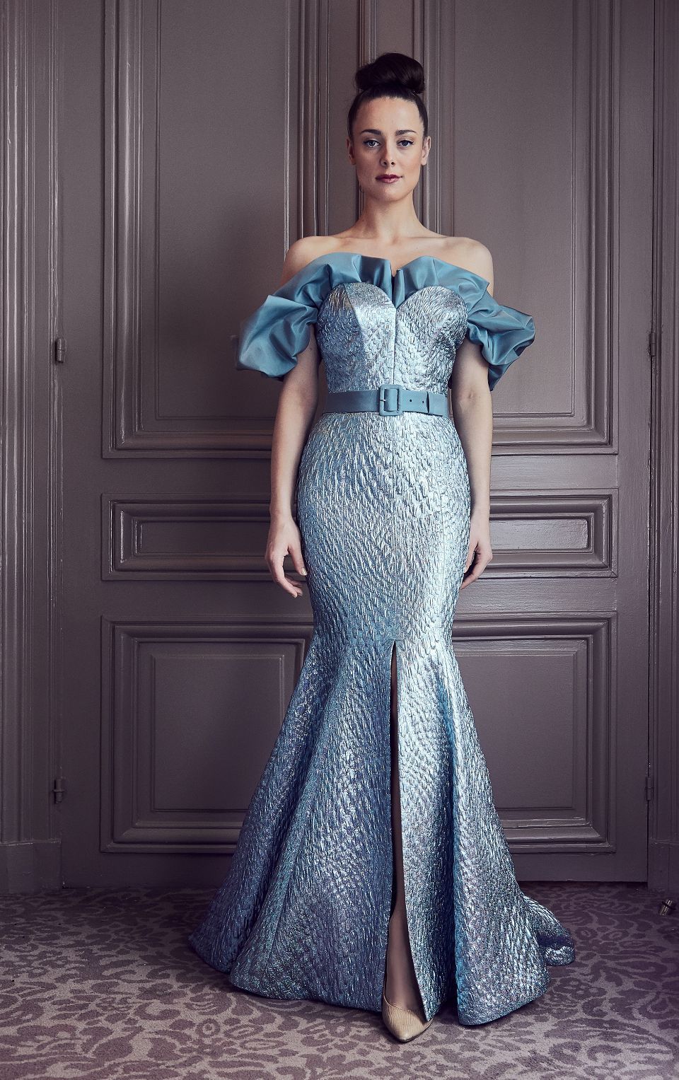 Off the Shoulder Belted Trumpet Gown