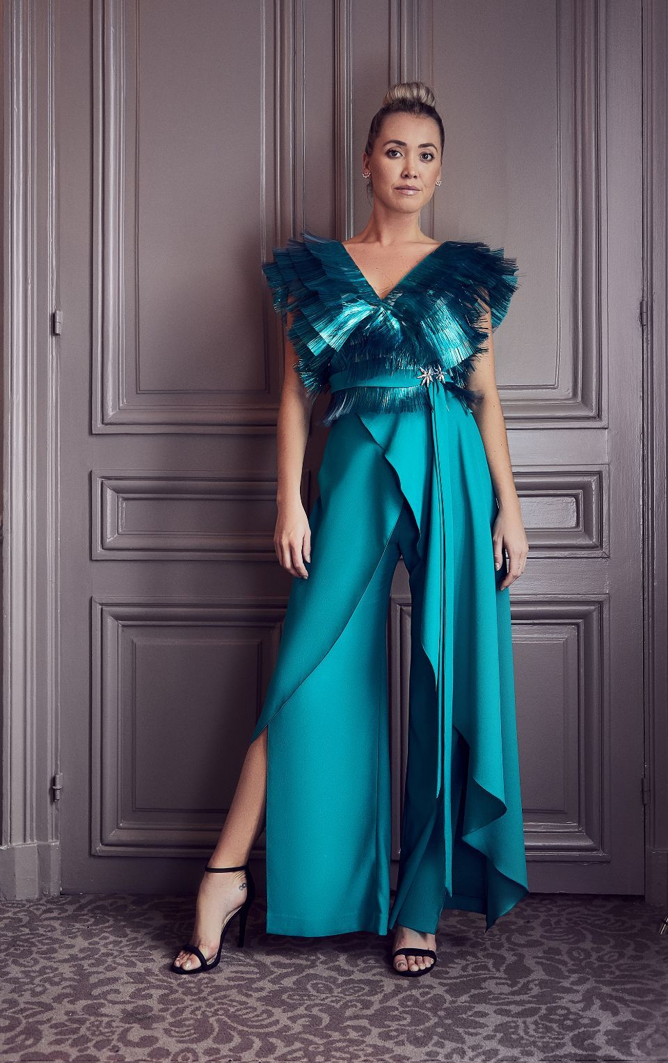 Textured Top and Slit Pants