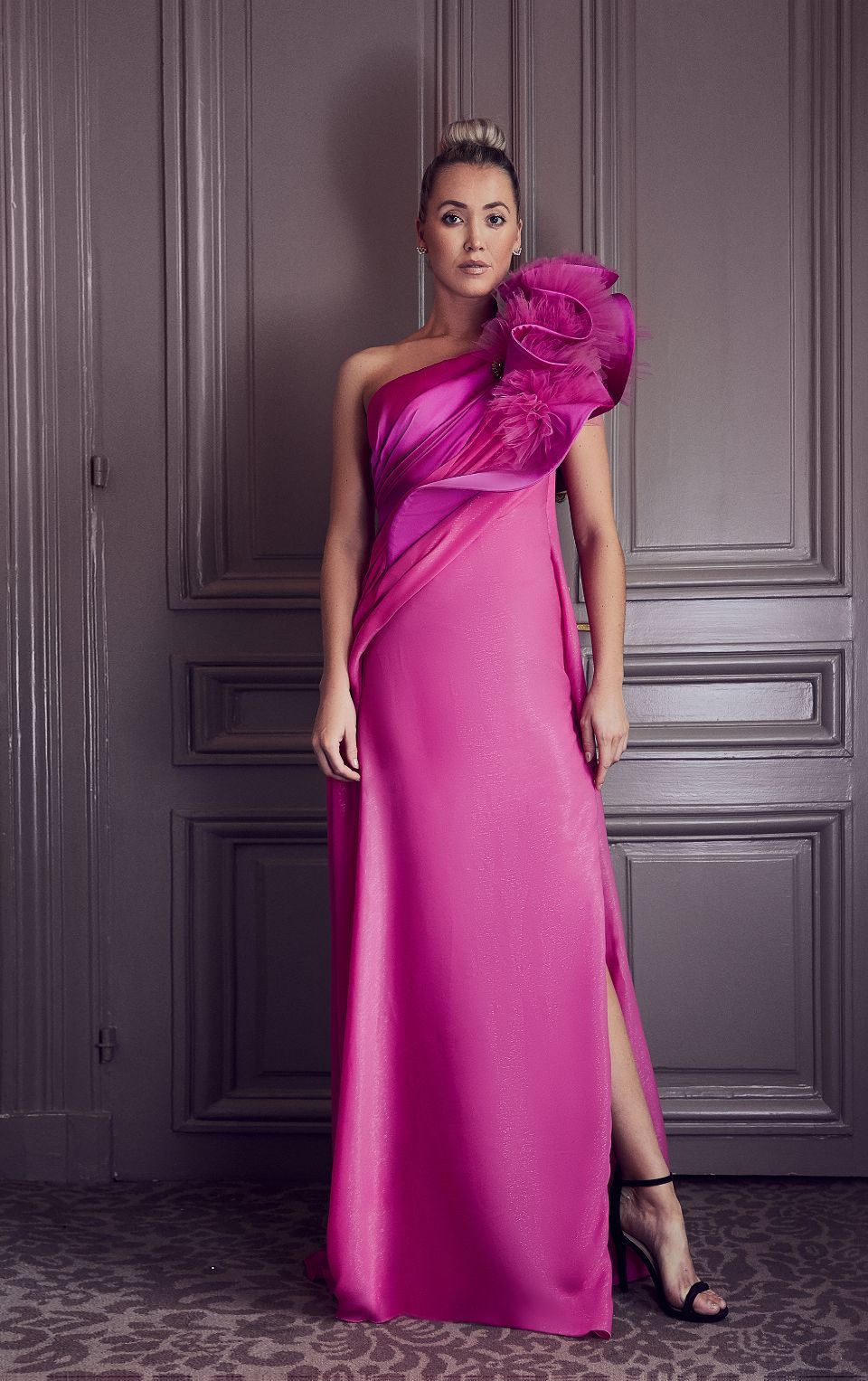 Embellished Shoulder Slit Gown