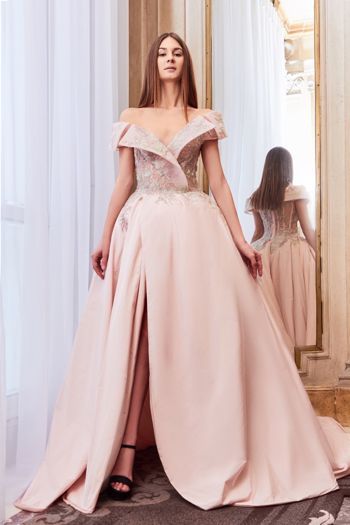 Off Shoulder A-Line Slit Skirt Ball Gown