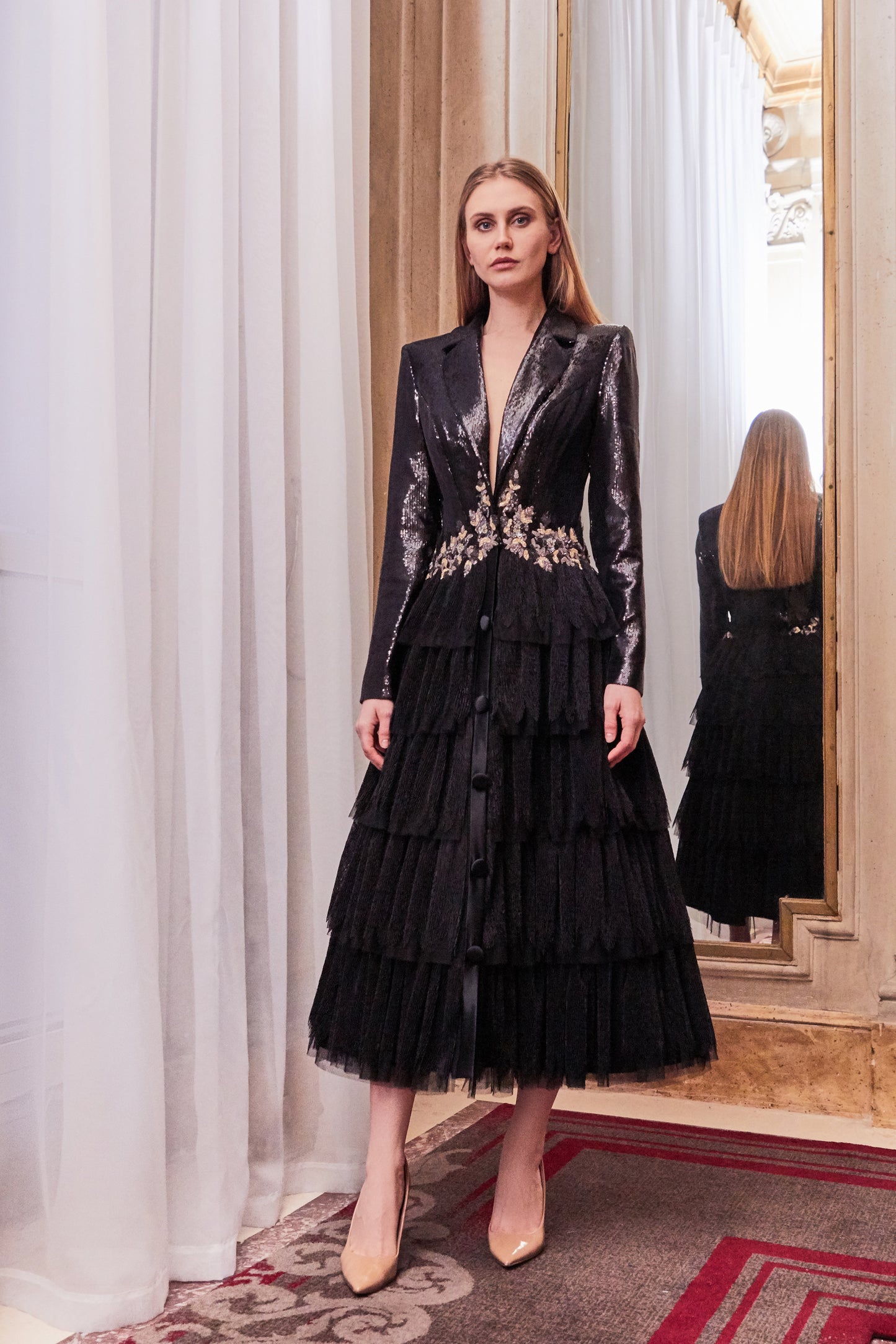 Long Sleeve Tiered A-Line Midi Dress